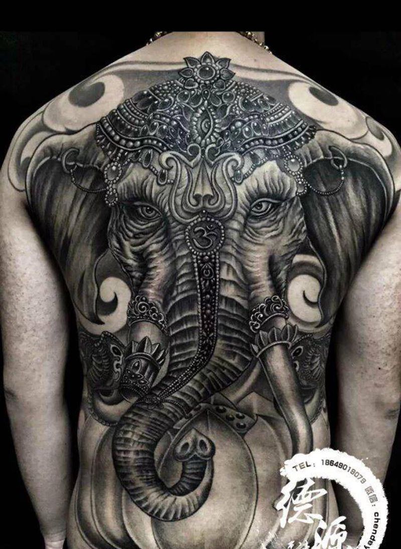 满背 象神纹身图片_成品纹身图案