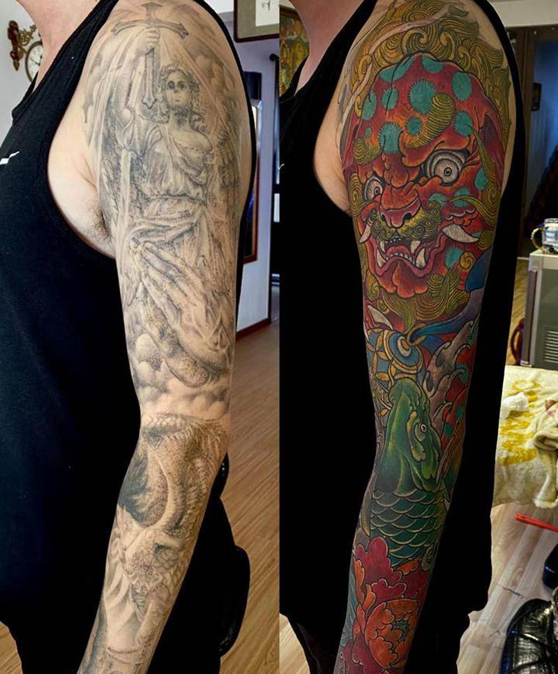 唐狮鲤鱼花臂纹身图片_手臂新传统花臂纹身图案