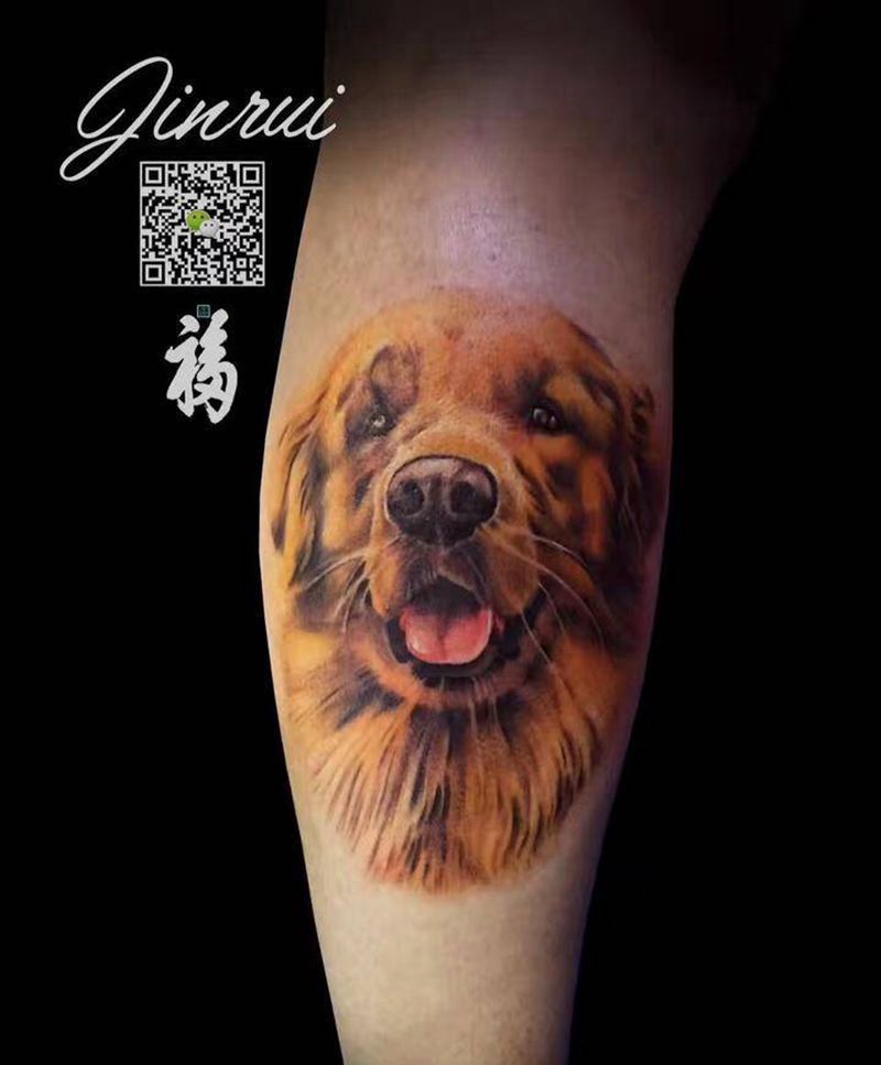 彩色写实狗狗纹身图片_成品腿部写实动物纹身图案