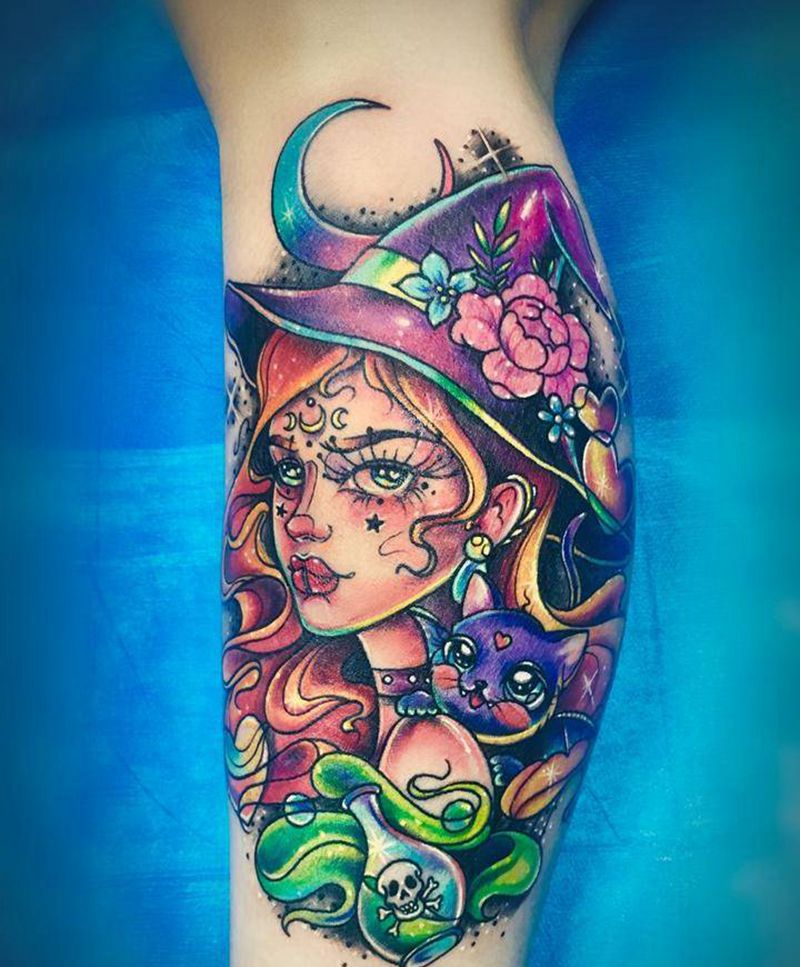 小清新女巫纹身图片_腿部New School纹身图案