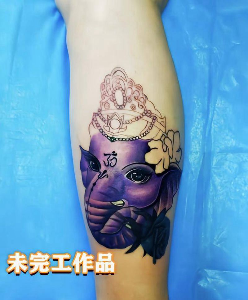 象神，未完工纹身图片_腿部新传统纹身图案