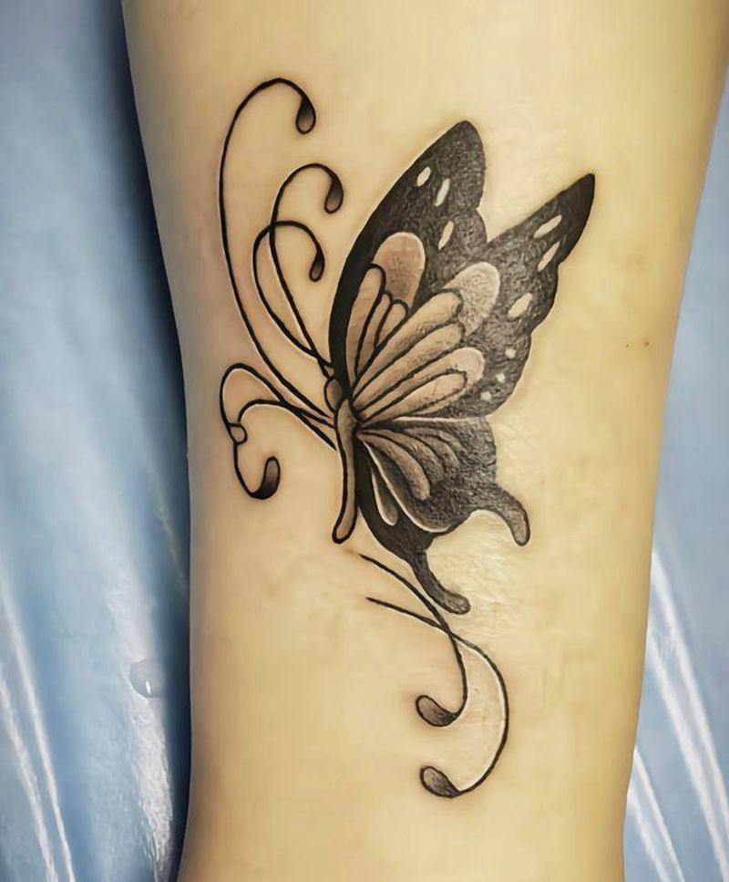 脚踝蝴蝶纹身图片_腿部新传统纹身图案