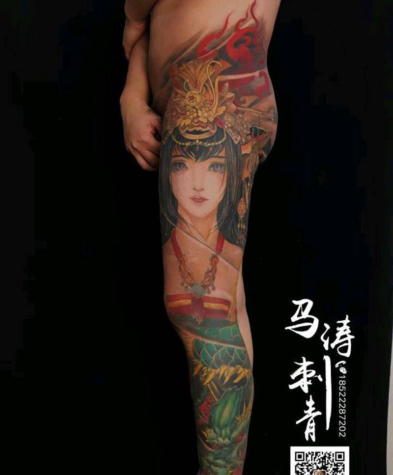 龙女纹身图片_腿部传统写实人物成品纹身图案