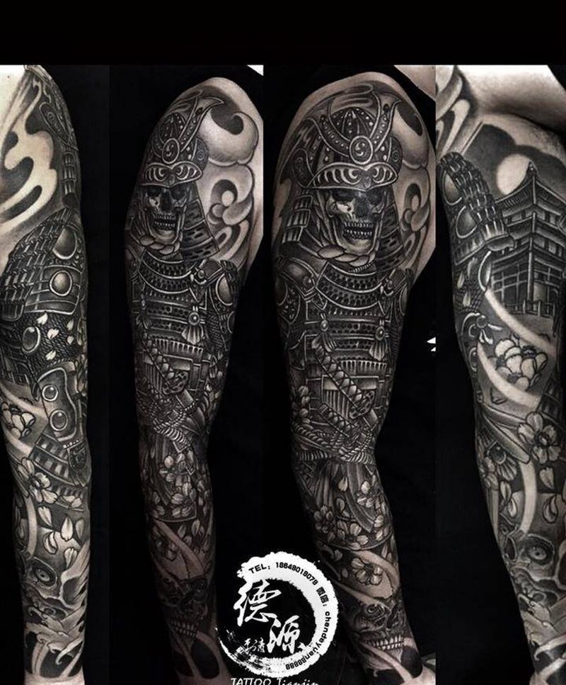 日式骷髅 甲胄纹身图片_手臂人物传统成品纹身图案