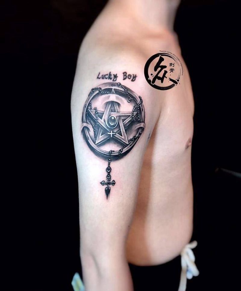 欧美五角星纹身图片_成品手臂欧美写实几何纹身图案