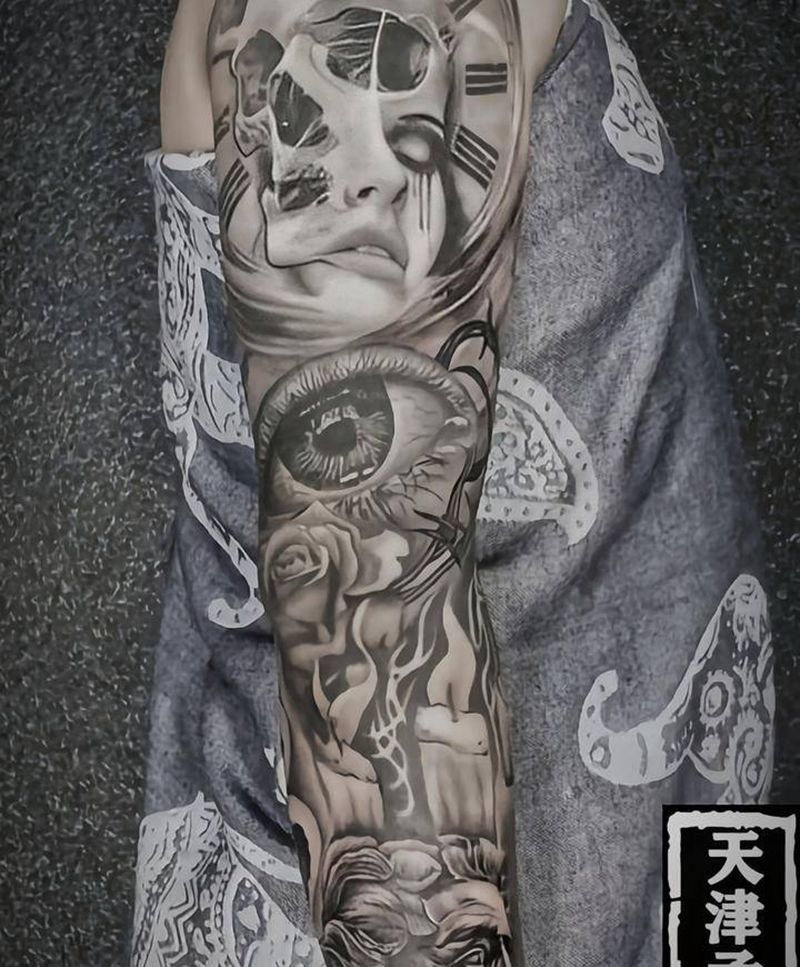 欧美花臂完工纹身图片_手臂欧美写实纹身图案