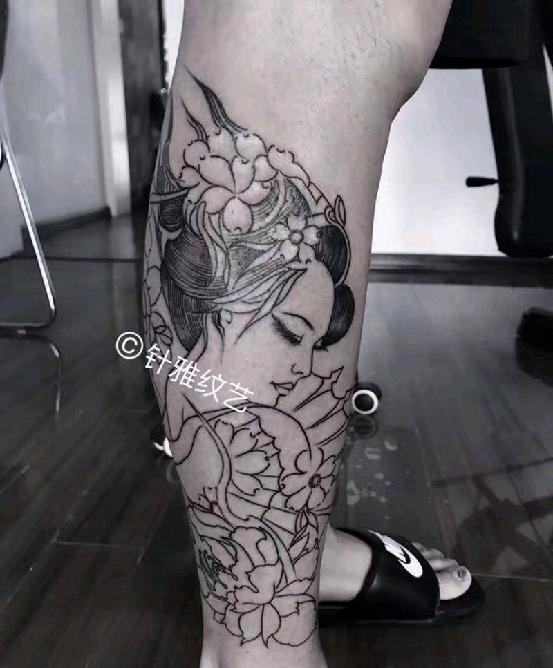 小腿艺妓线条完成纹身图片_