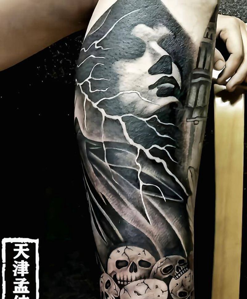 死神纹身图片_腿部欧美写实纹身图案