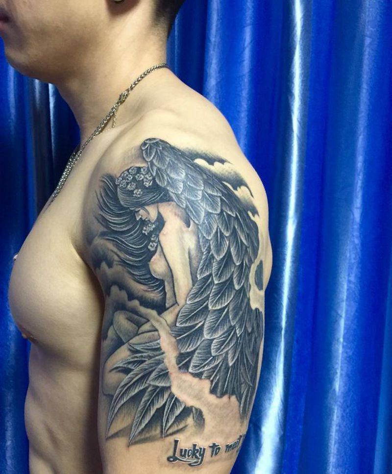 天使黑灰纹身图片_成品手臂欧美写实人物纹身图案