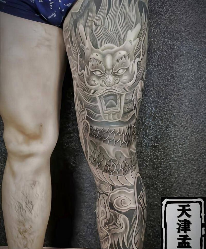 花腿龙，完工纹身图片_腿部新传统纹身图案