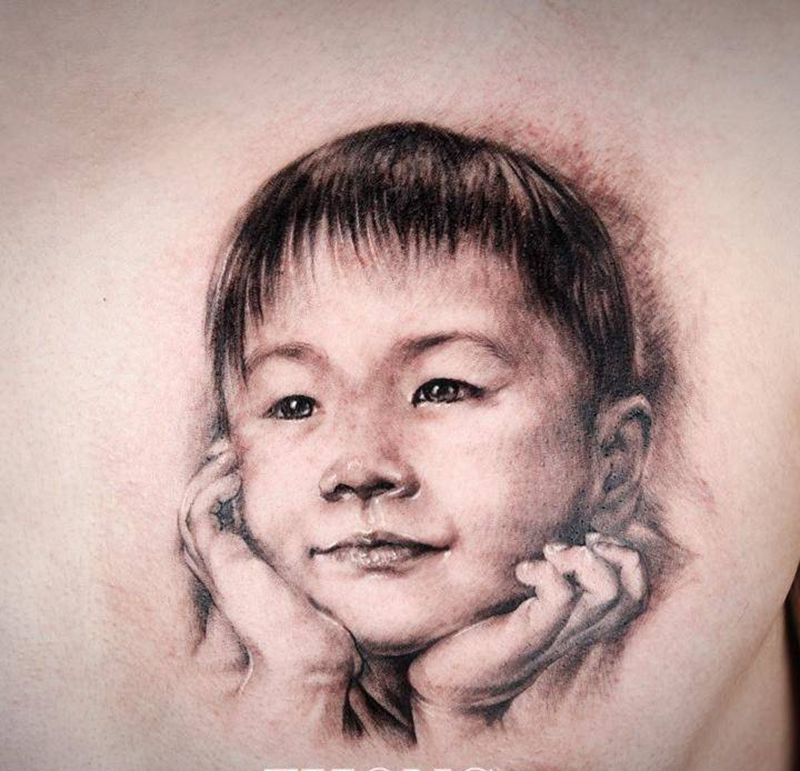儿童肖像纹身图片_成品胸部欧美写实肖像人物纹身图案