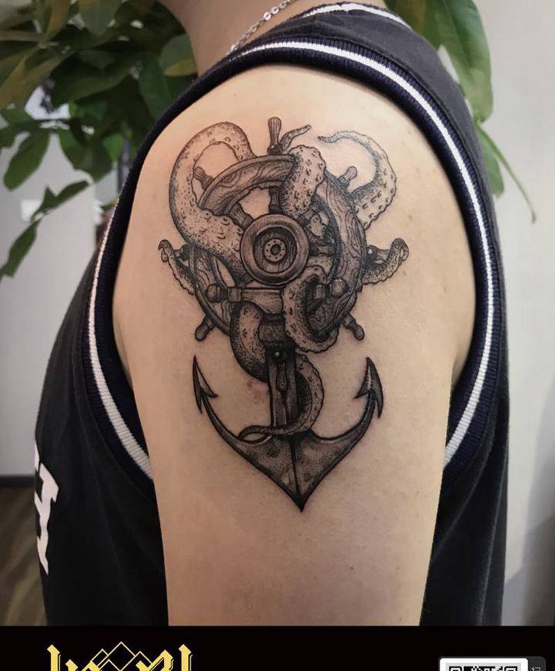 船锚 船舵 章鱼纹身图片_手臂欧美写实纹身图案