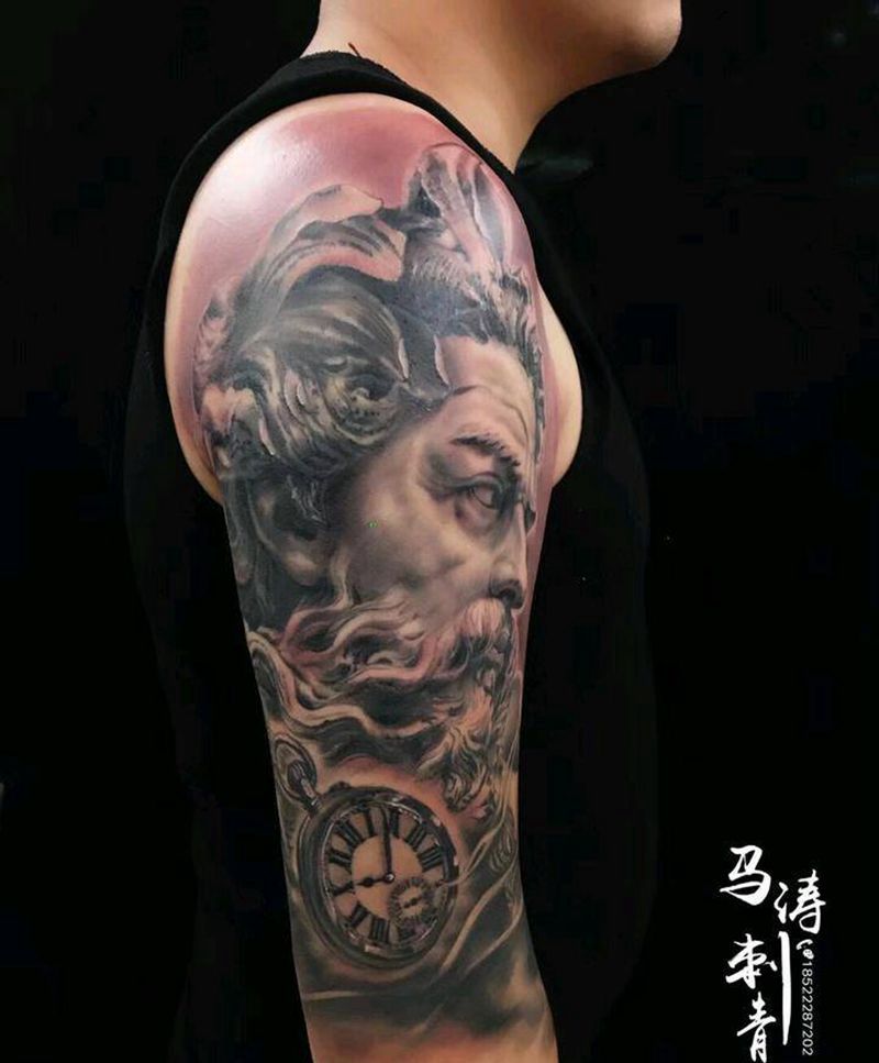 波塞冬纹身图片_手臂手部欧美肖像写实人物鬼神成品纹身图案