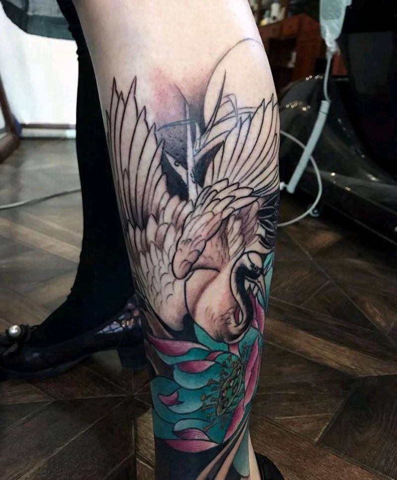 仙鹤。未完成。纹身图片_腿部新传统纹身图案