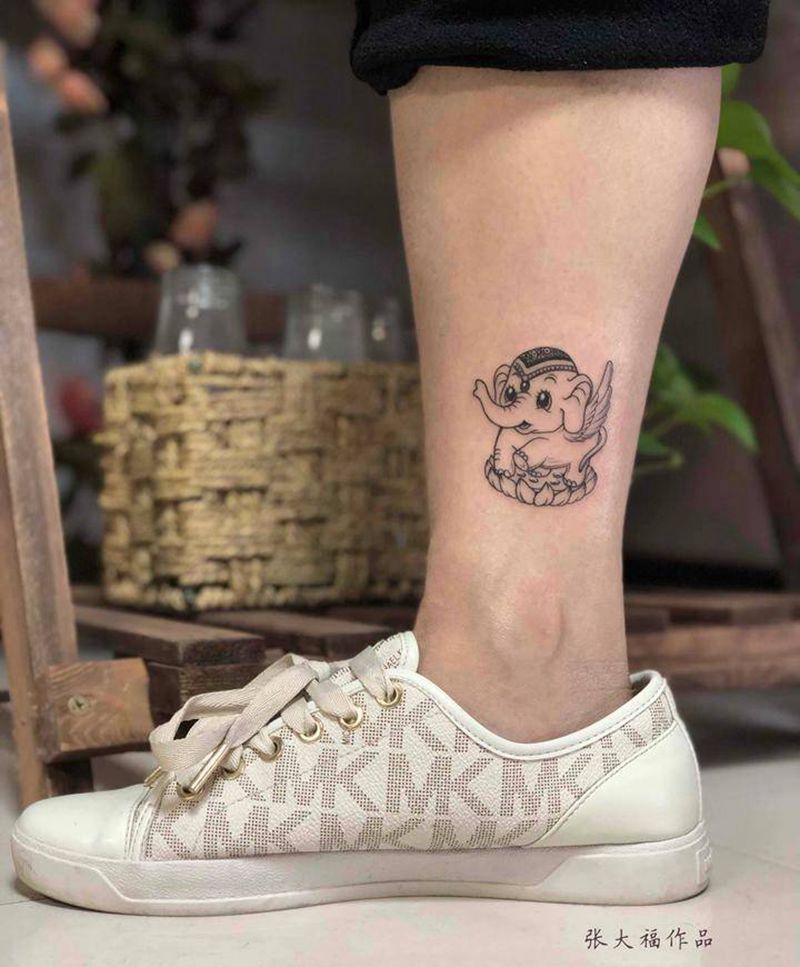 小象纹身图片_腿部脚部小清新可爱象纹身图案