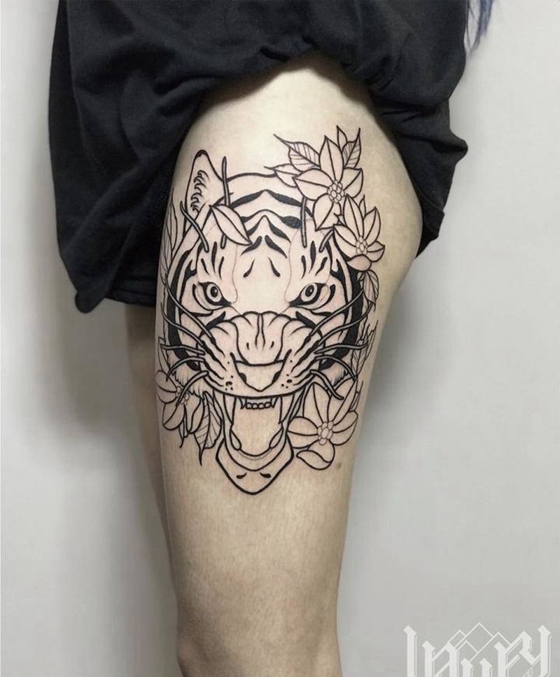 School老虎纹身图片_腿部New School纹身图案