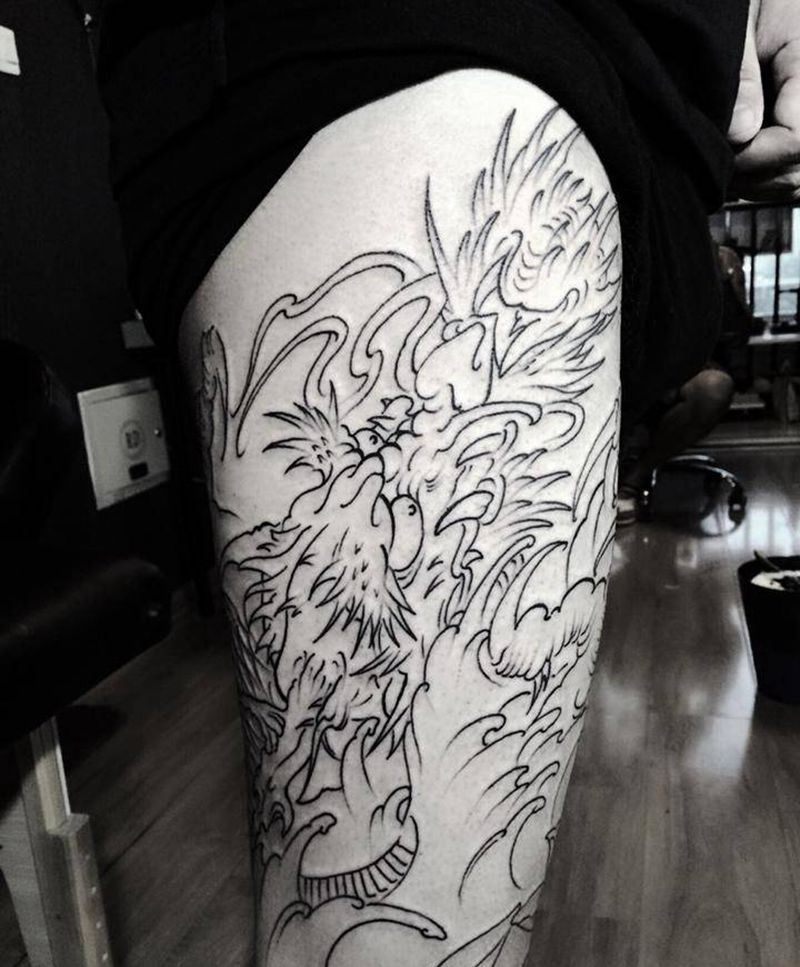 包腿大龙线条纹身图片_未完成纹身图案
