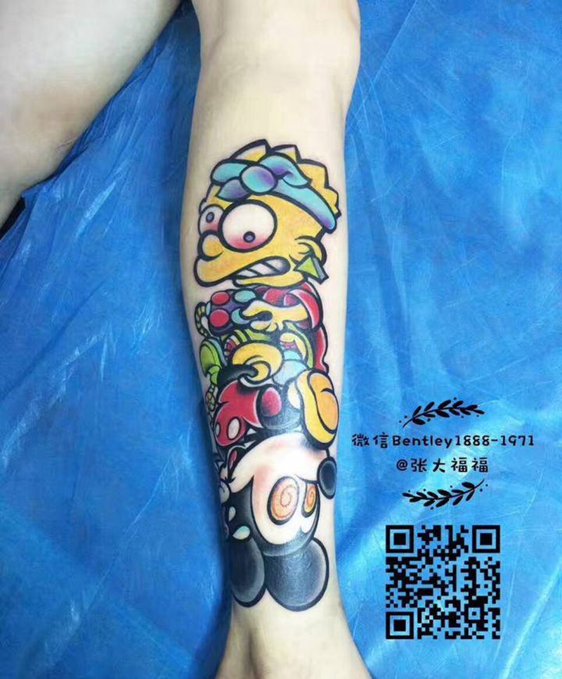 米奇辛普森  遮盖字母纹身图片_成品腿部欧美清新彩色人物动物纹身图案