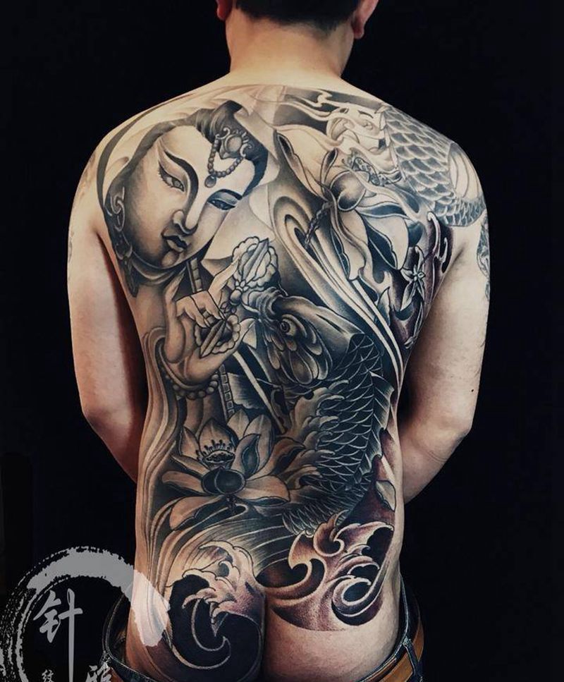 观音戏鲤纹身图片_