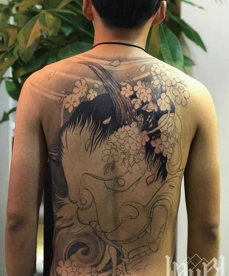 传统般若 未完成纹身图片_背部新传统纹身图案