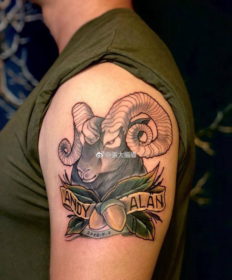 原创白羊座纹身图片_成品手臂欧美动物植物原创彩色纹身图案