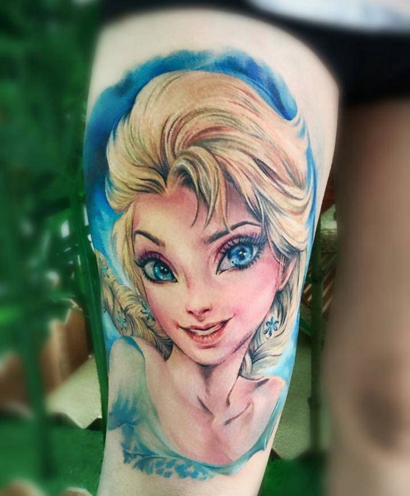 艾莎纹身图片_成品腿部欧美写实肖像人物纹身图案