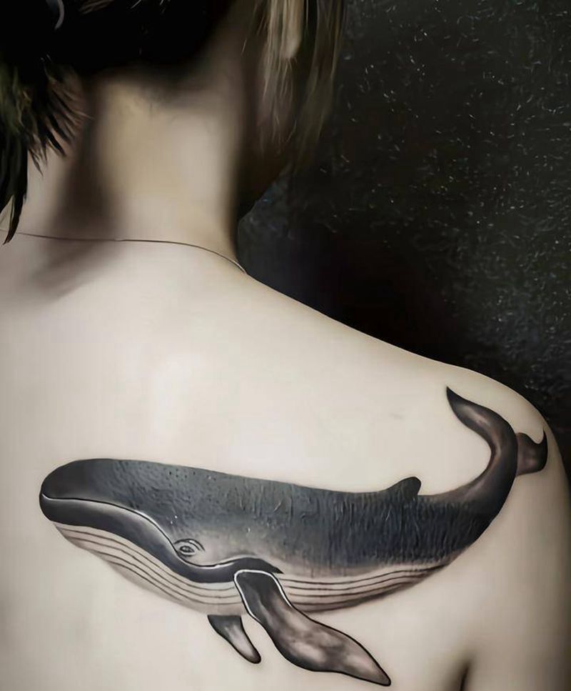 鲸鱼遮盖纹身图片_腰部新传统纹身图案
