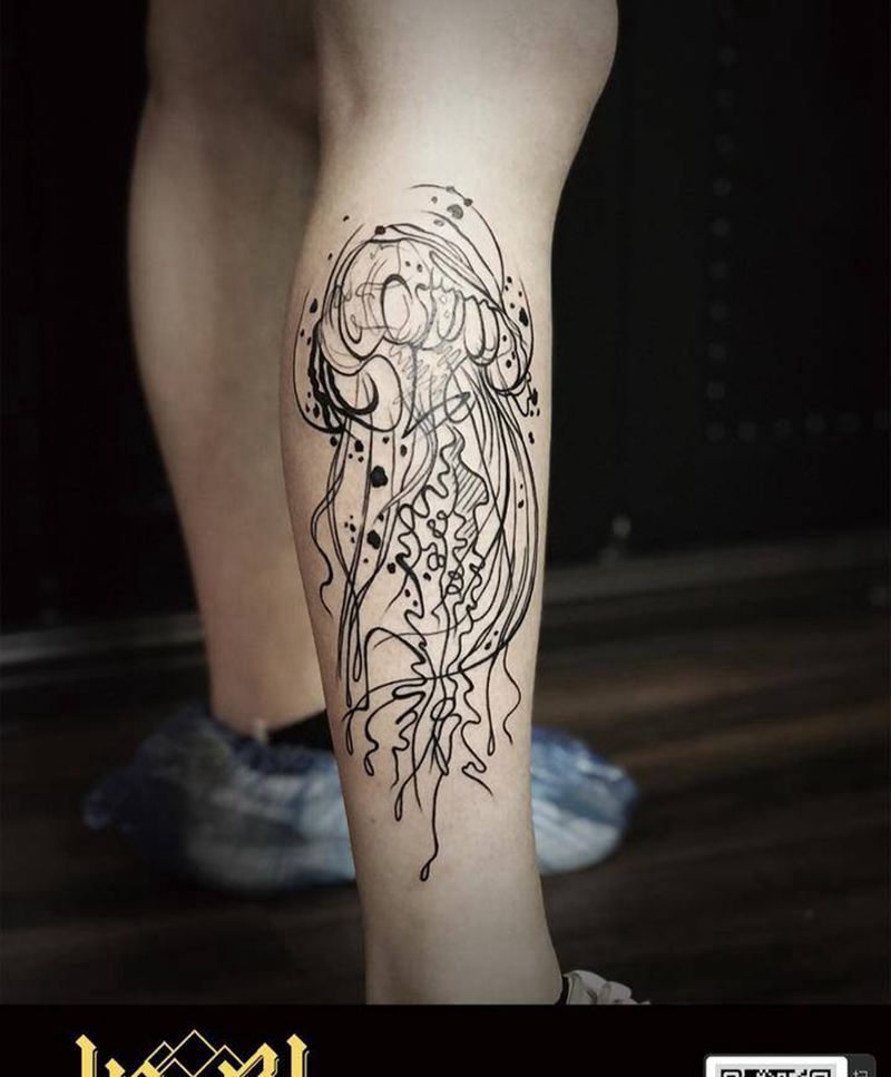 彩色水母 未完成纹身图片_腿部水彩New School纹身图案