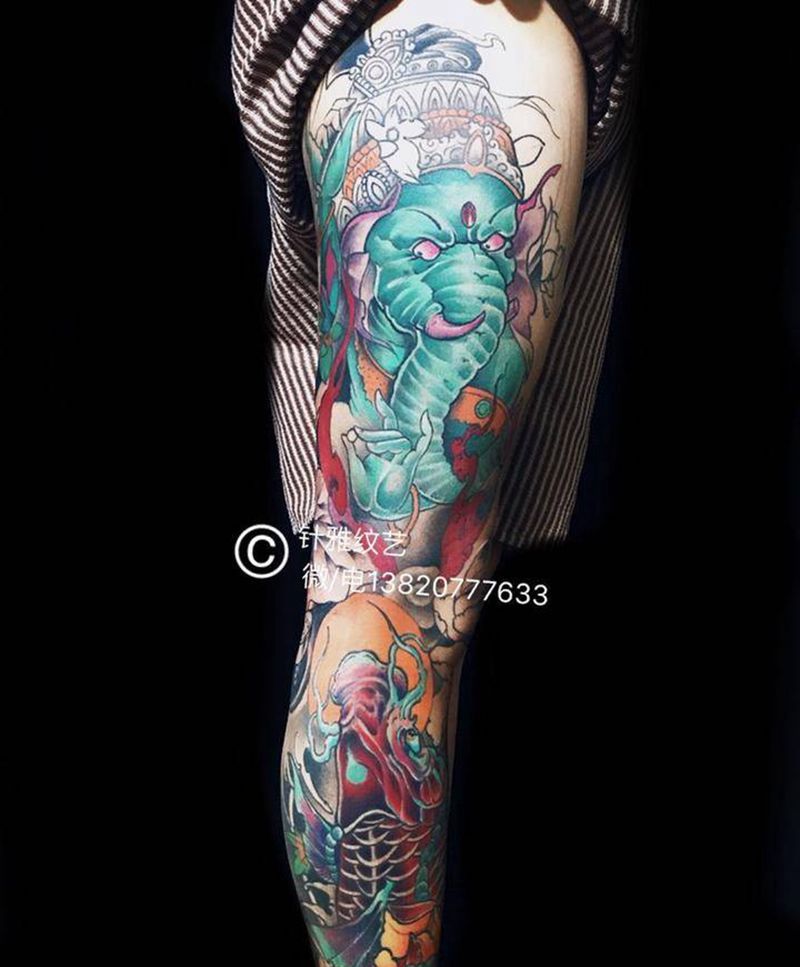 彩色象神包腿纹身图片_