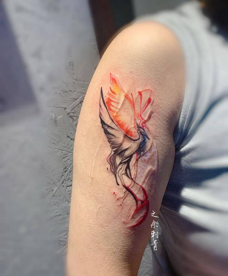 浴火重生凤凰涅槃纹身图片_手臂水彩纹身图案