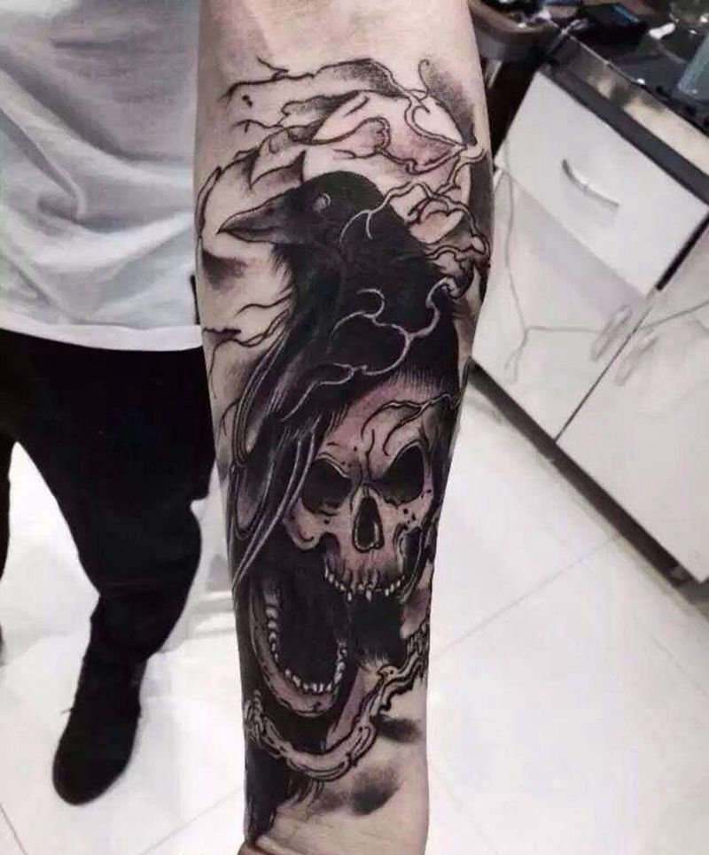 乌鸦纹身图片_成品手臂纹身图案