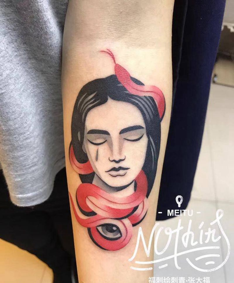 蛇与美女纹身图片_成品手臂清新欧美人物动物纹身图案