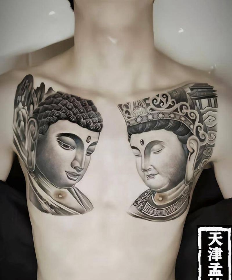 花胸佛像，未完工纹身图片_胸部新传统纹身图案