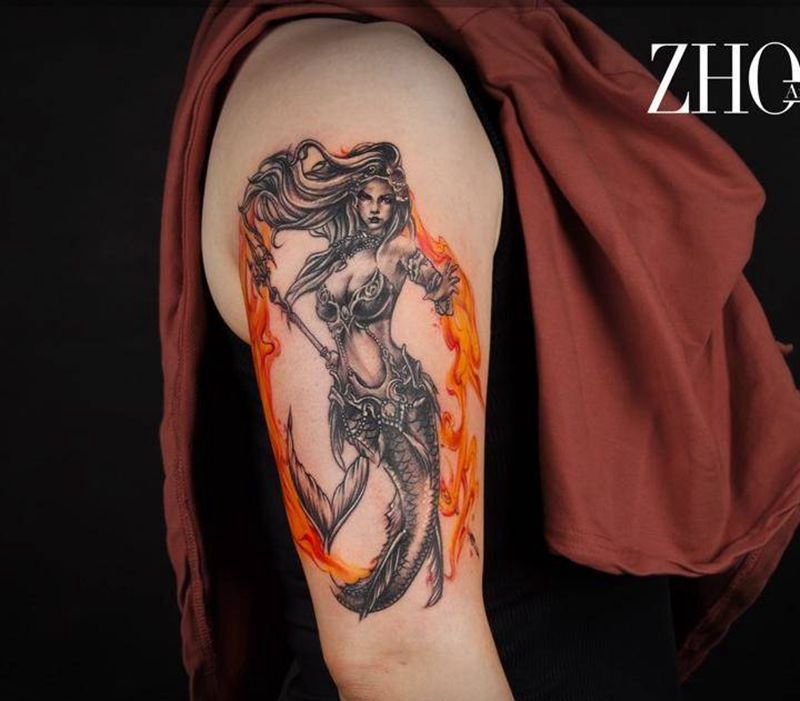 人鱼纹身图片_成品手臂欧美肖像写实人物纹身图案