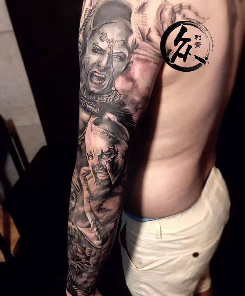 欧美写实肖像花臂纹身图片_成品手臂欧美肖像写实人物原创纹身图案