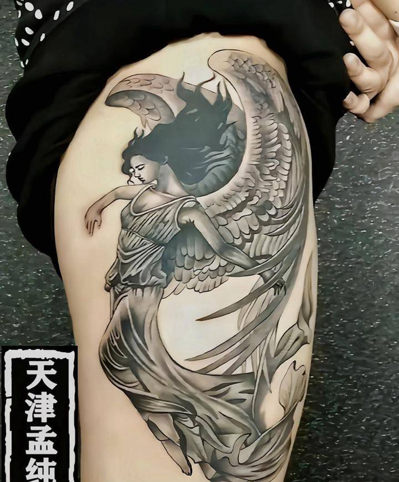 天使完工纹身图片_腿部欧美写实纹身图案