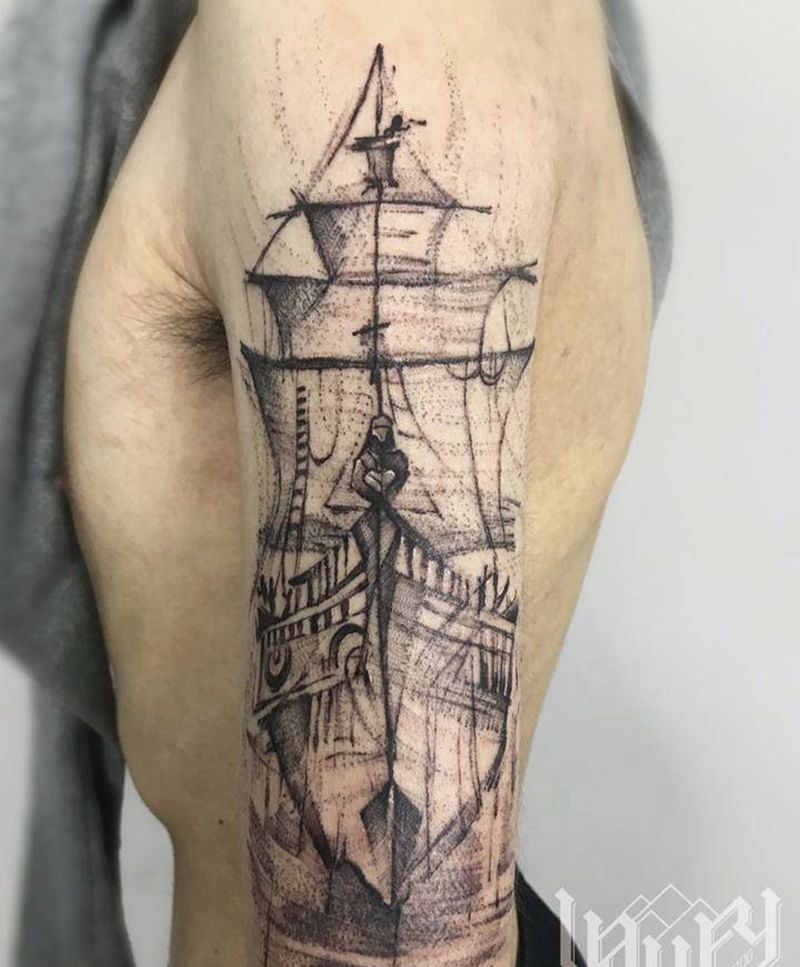 扬帆起航纹身图片_手臂欧美写实几何纹身图案