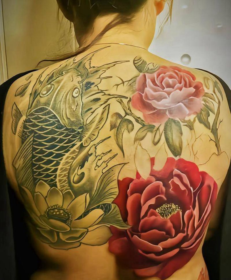 满背添加牡丹，完工纹身图片_背部欧美写实纹身图案