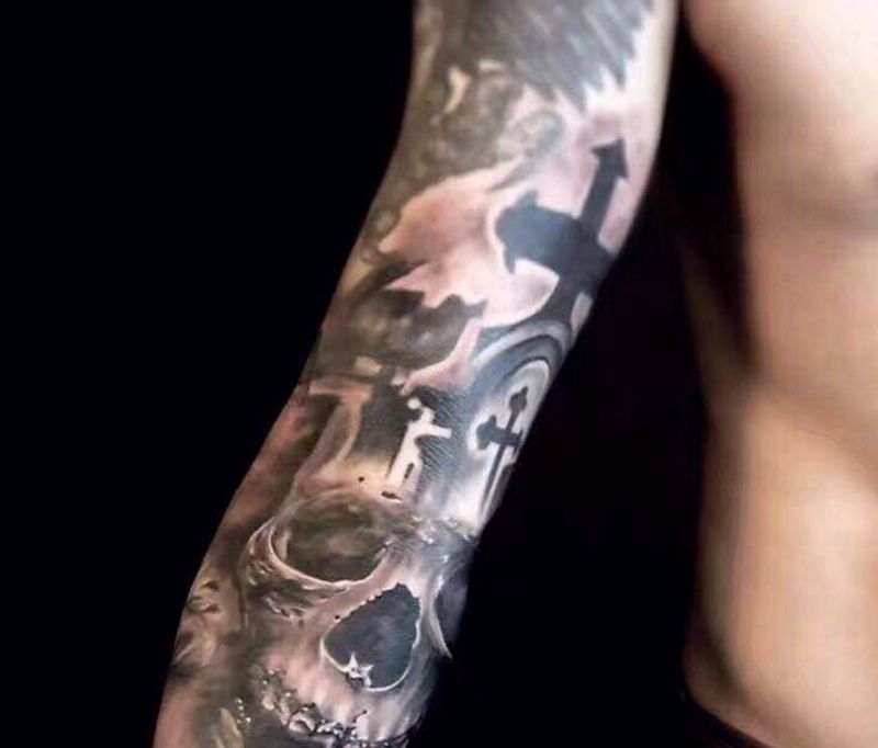 骷髅纹身图片_手臂欧美写实纹身图案