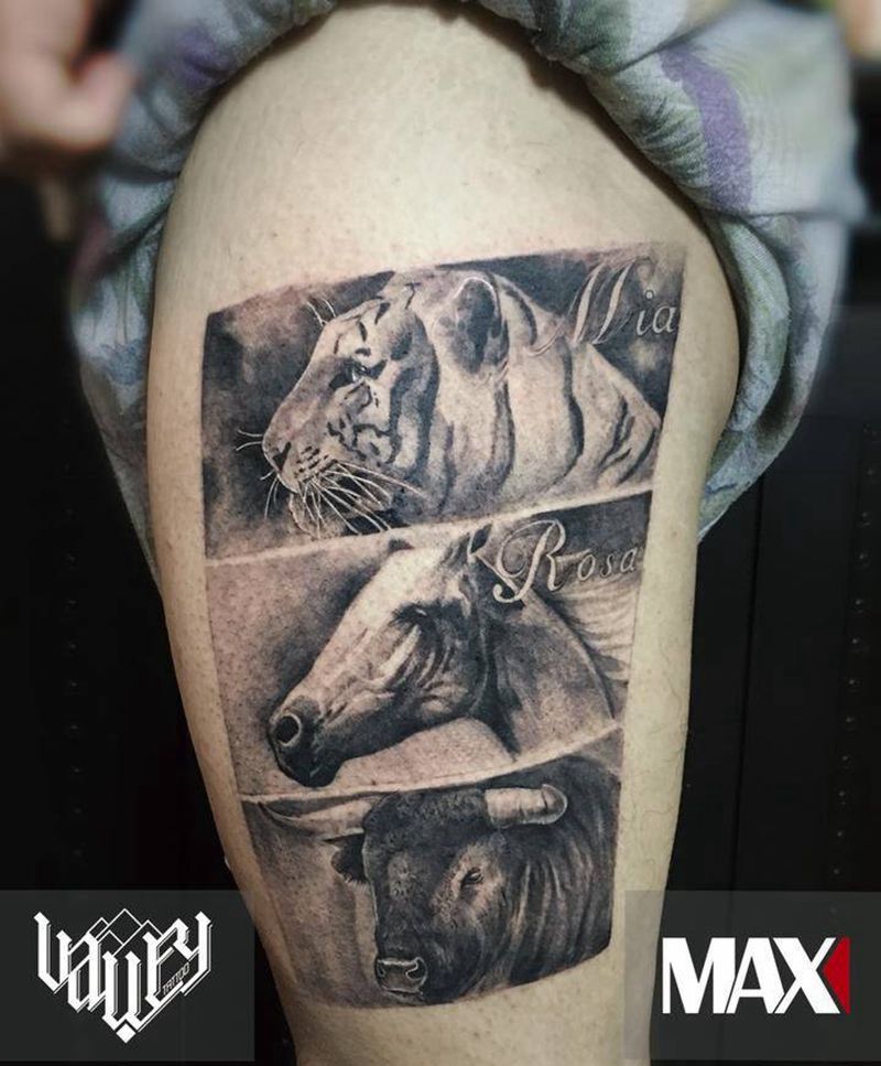 写实生肖纹身图片_成品腿部写实肖像动物图腾字符纹身图案