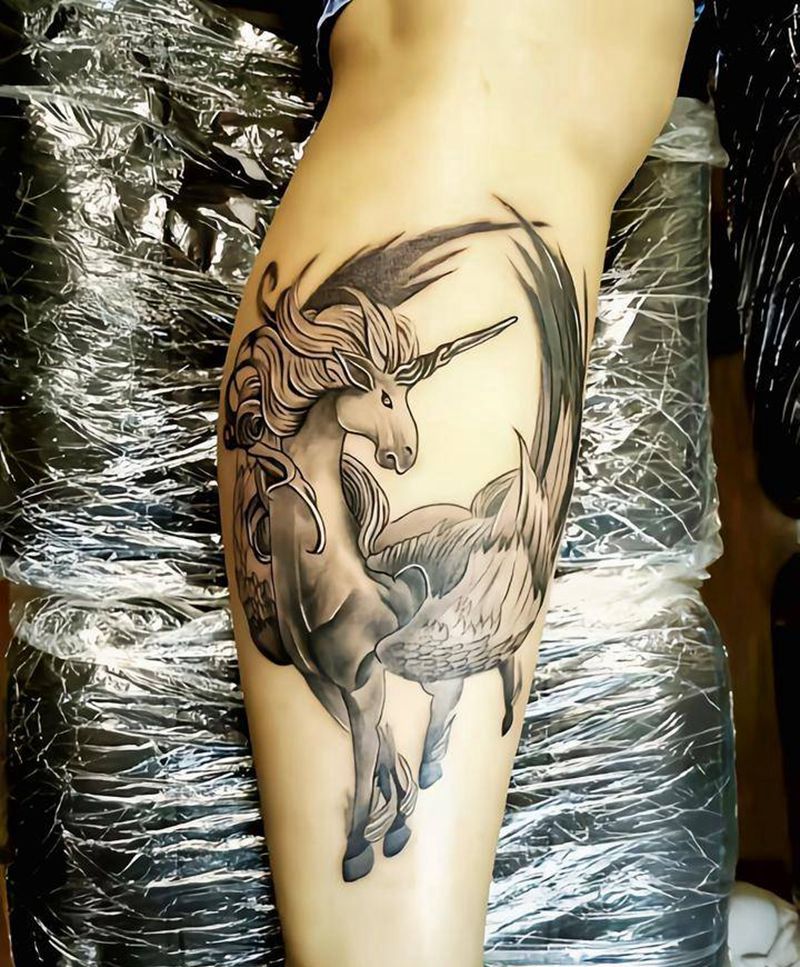 独角兽完工纹身图片_腿部新传统纹身图案