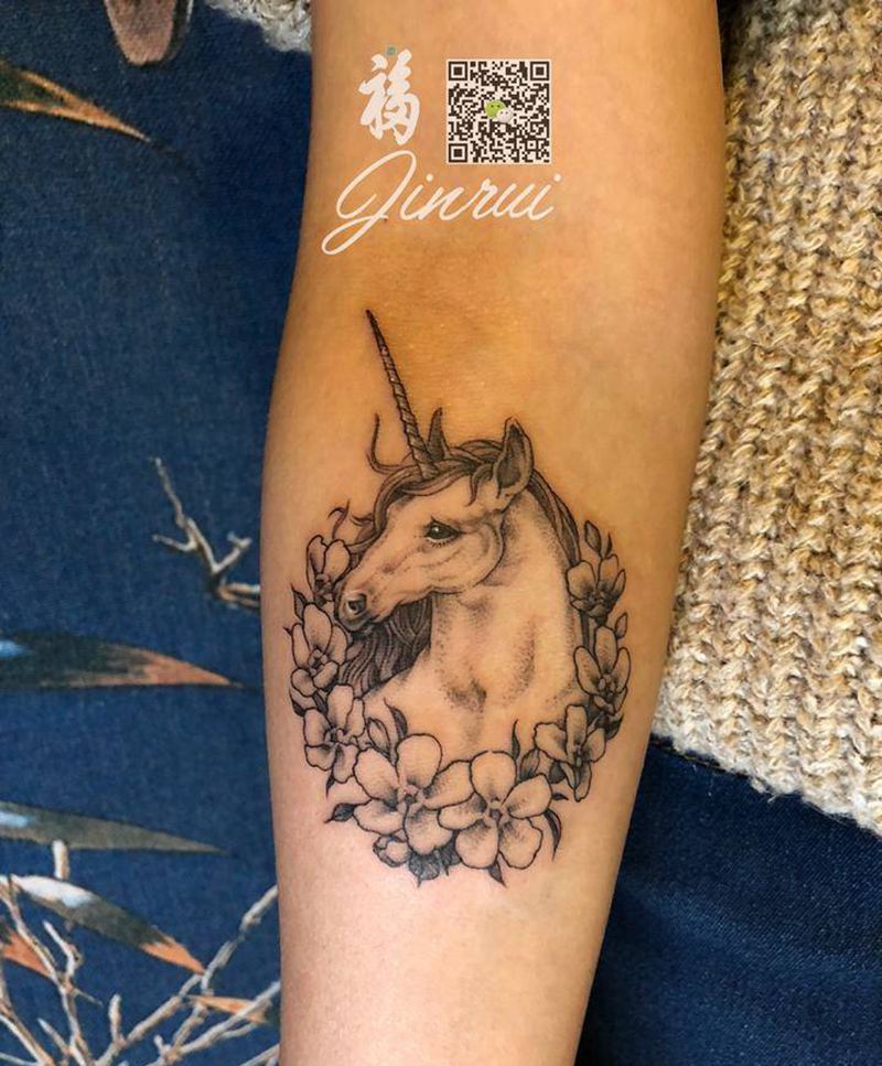 独角兽纹身图片_成品手臂清新欧美动物植物女生点刺纹身图案