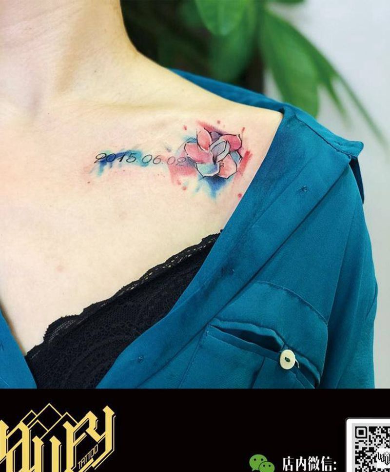 彩色泼墨茉莉纹身图片_颈部胸部水墨水彩纹身图案