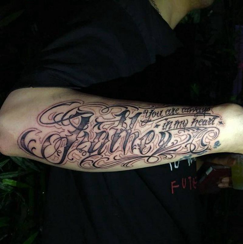 花体字纹身图片_成品欧美手臂字符纹身图案