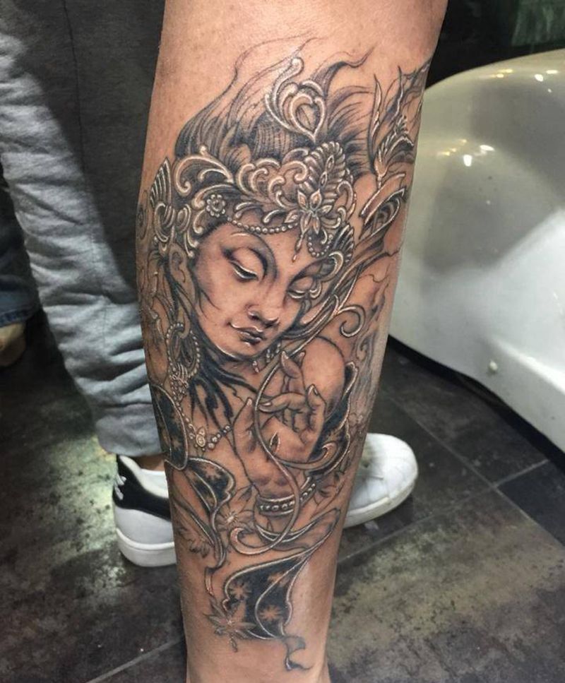 度母纹身图片_成品腿部传统人物宗教纹身图案