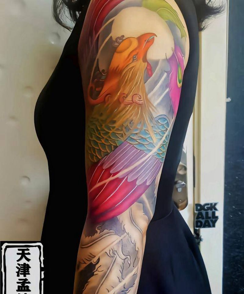 花臂凤，未完工纹身图片_手臂新传统纹身图案