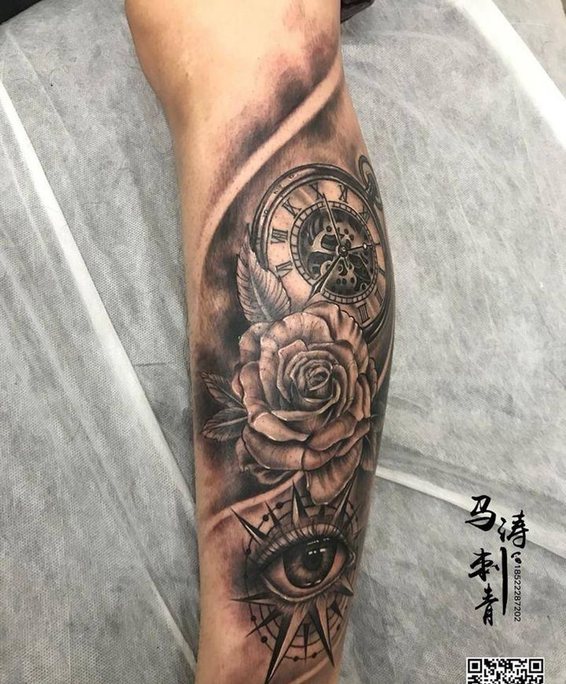 欧美时钟与花和眼睛纹身图片_成品腿部脚部欧美习俗写实几何静物纹身图案