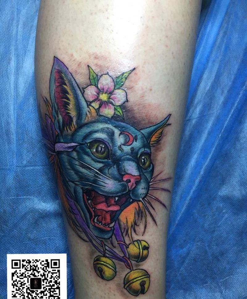 猫咪纹身图片_欧美清新动物腿部传统脚部纹身图案