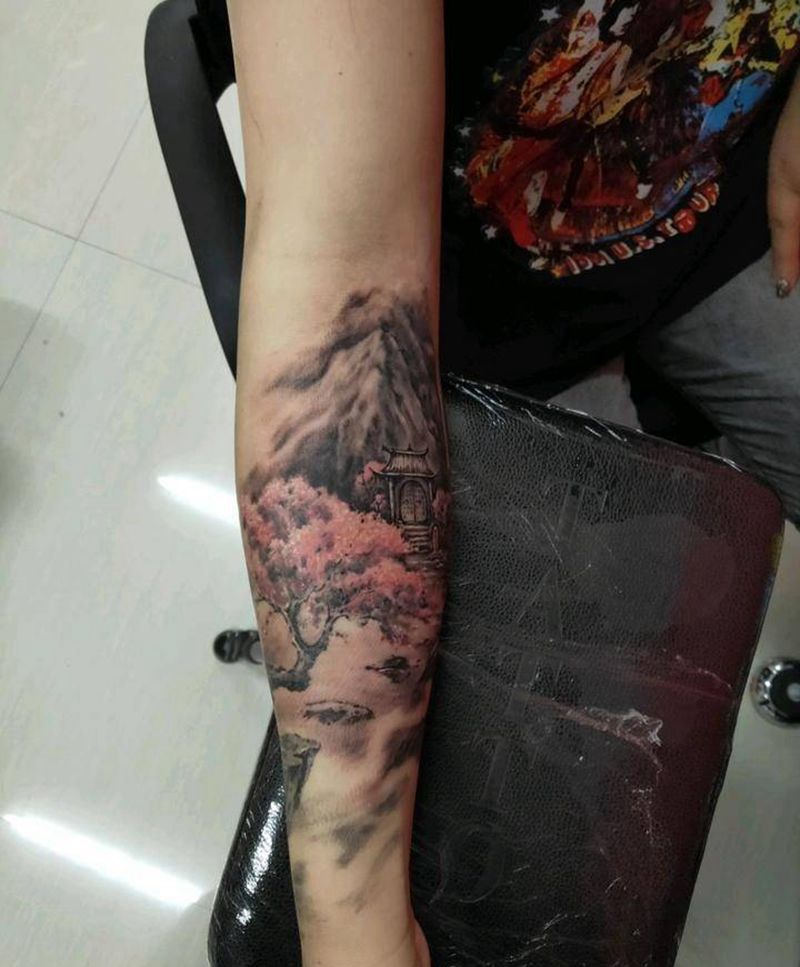 桃花园（未完）纹身图片_水墨纹身图案