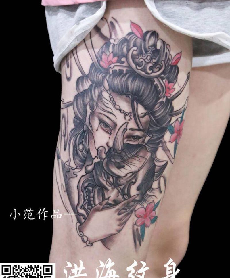 艺妓纹身图片_腿部纹身图案